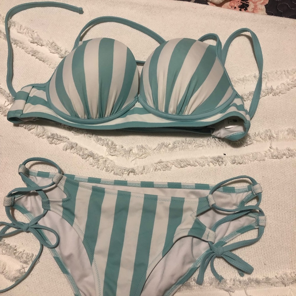 Blue and white striped bathing suit